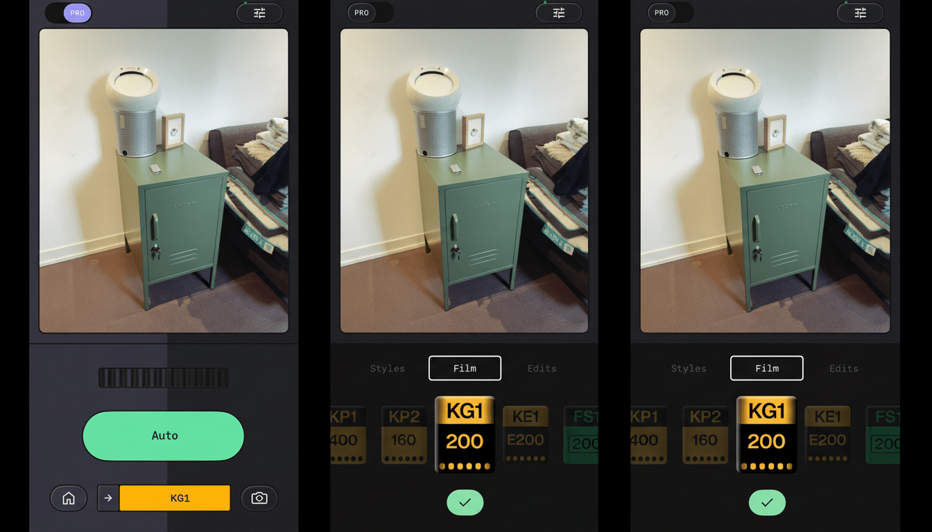 A mobile app interface showing three screens of a photo editing application. The central screen displays a photo of a green metal cabinet with a white trash can and a small framed picture on top, with Film selected as the editing style and KG1 200 highlighted as a filter option. The left and right screens show similar interfaces with slight variations in controls and selected options.
