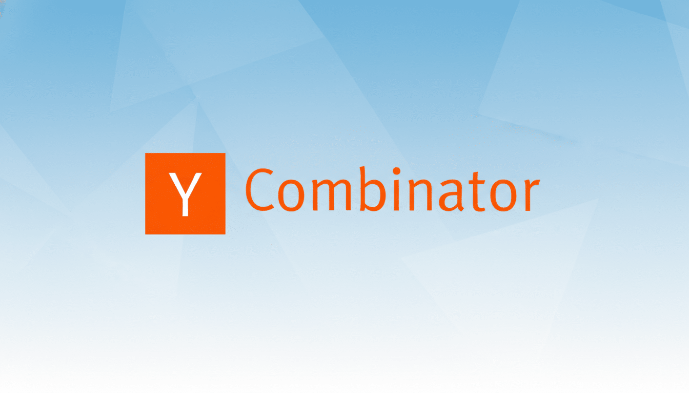 The Y Combinator logo, featuring a white Y inside an orange square, next to the word Combinator in orange text, set against a professional light blue background with subtle geometric patterns.