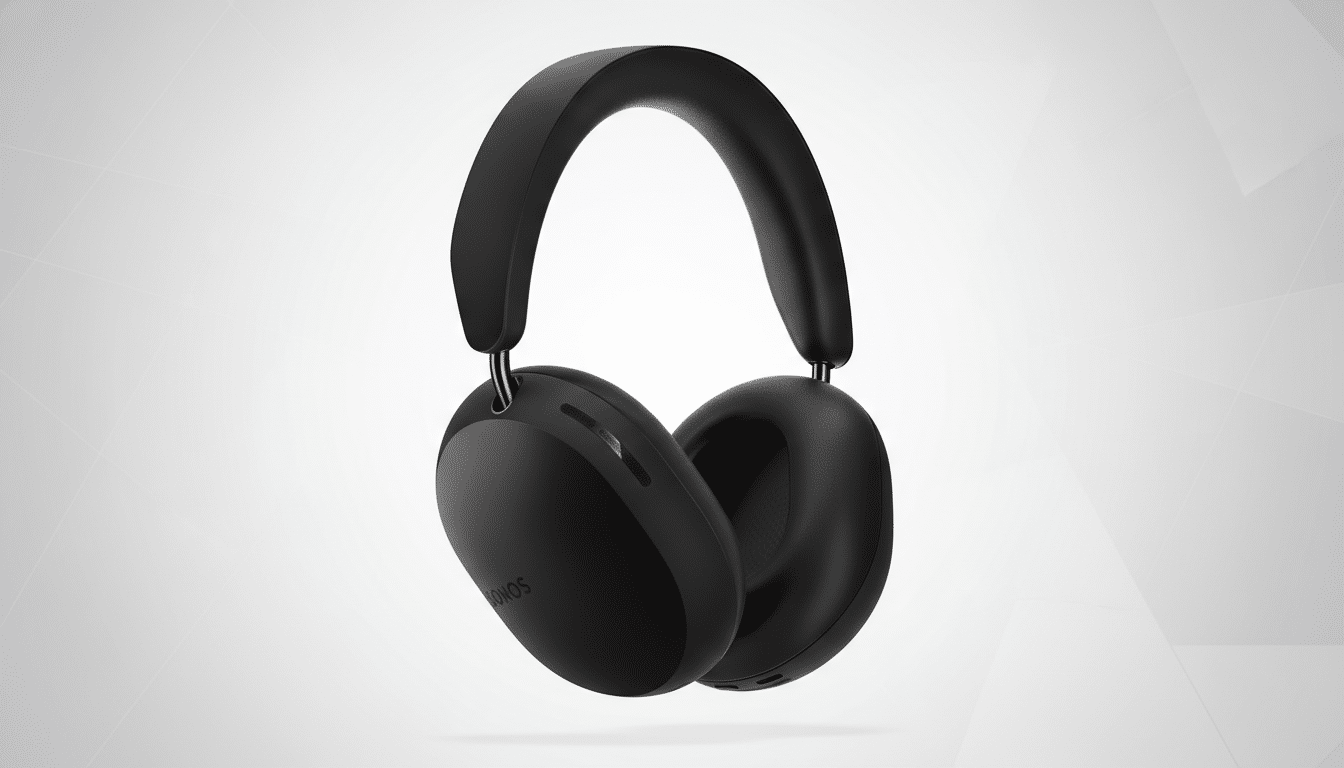 A pair of black Sonos Ace headphones on a professional flat design background with soft patterns.