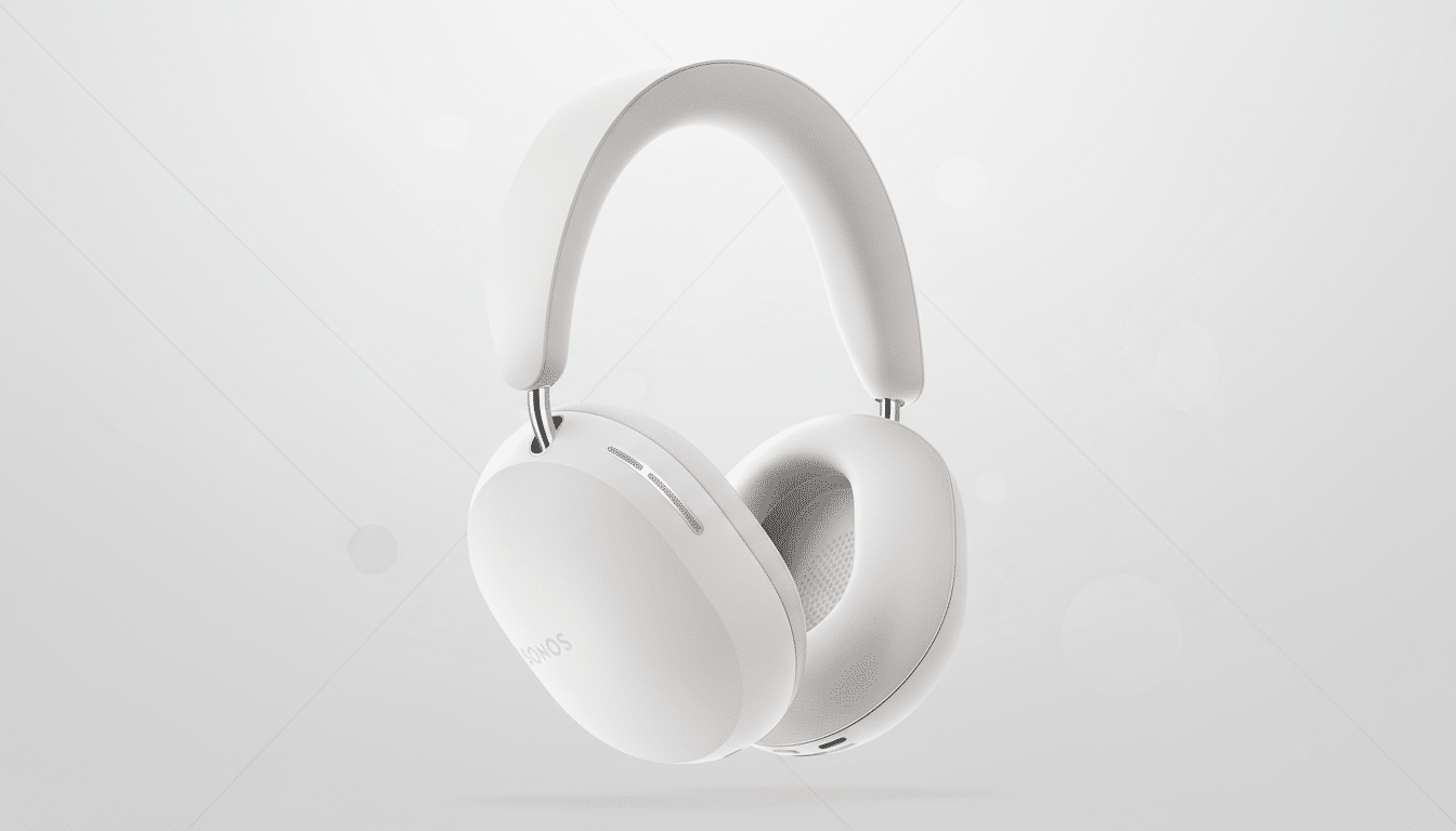 A pair of white Sonos Ace headphones on a professional light gray background with subtle circular patterns.