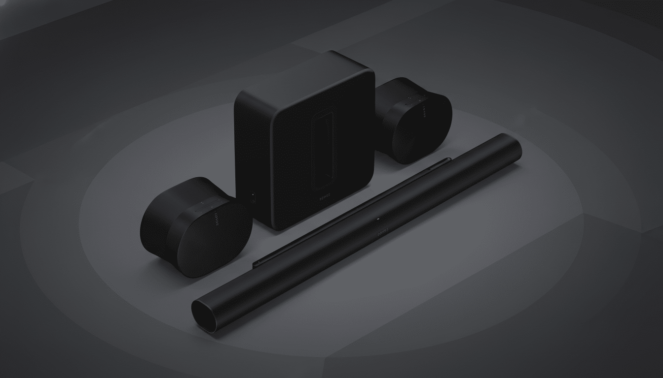 A professional, enhanced image of a Sonos home theater system, including a soundbar, subwoofer, and two satellite speakers, presented on a dark gray background with subtle geometric patterns.
