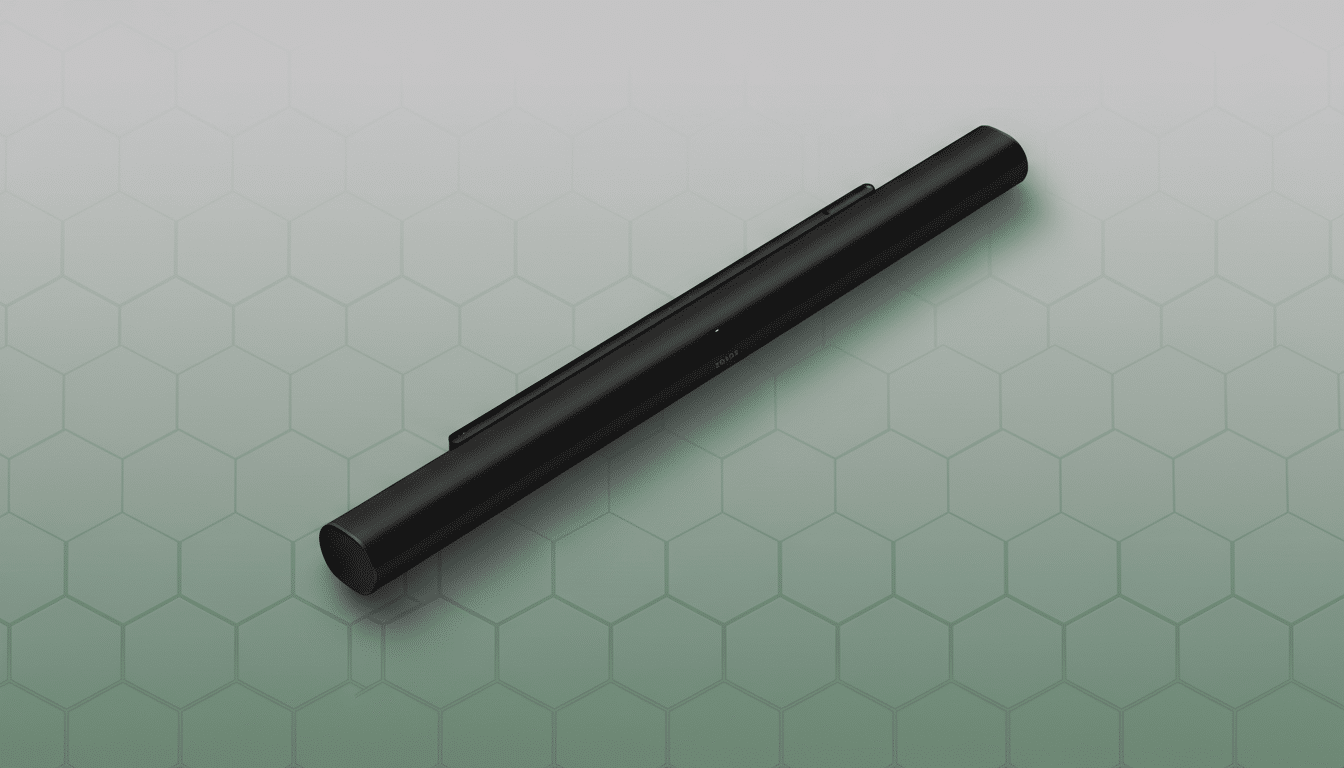 A black Sonos soundbar is angled on a professional flat design background with a soft green and gray gradient and subtle hexagonal patterns.