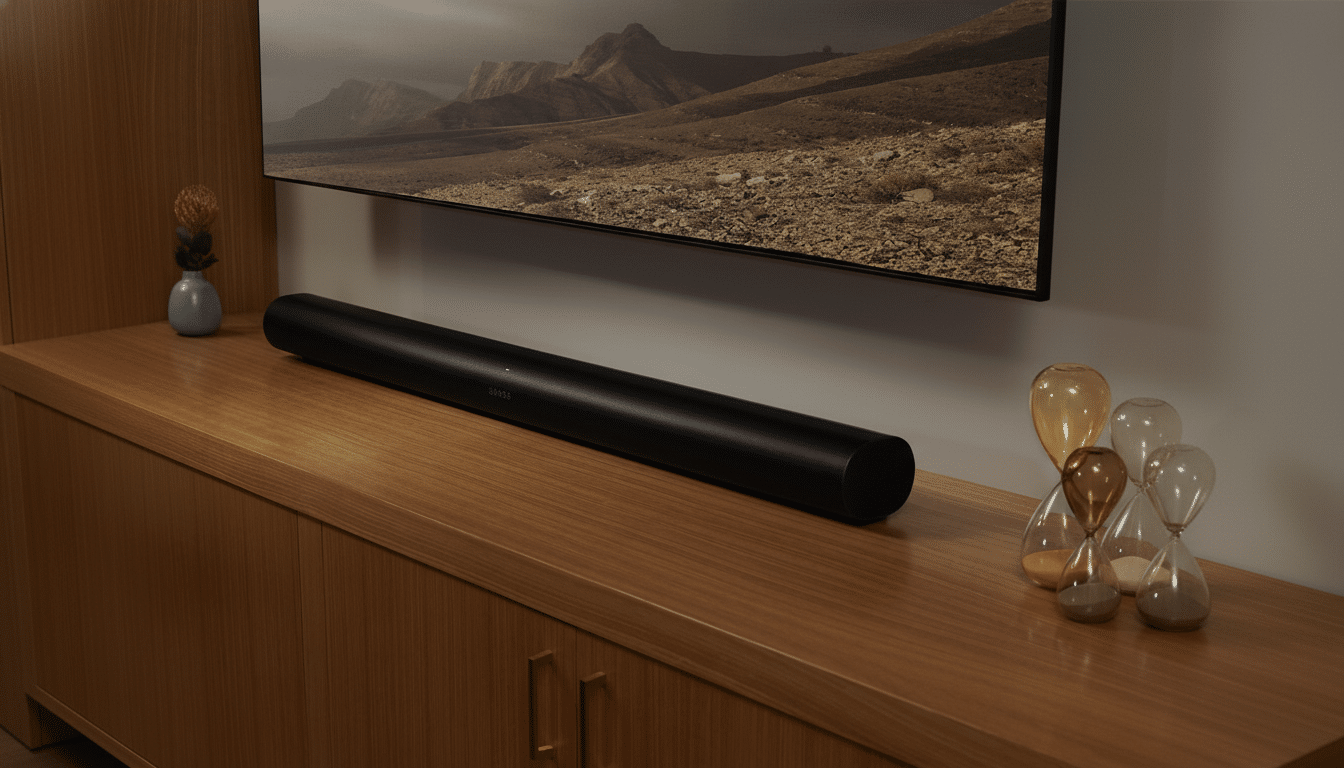 A black Sonos soundbar sits on a wooden cabinet beneath a wall-mounted television displaying a desert landscape.