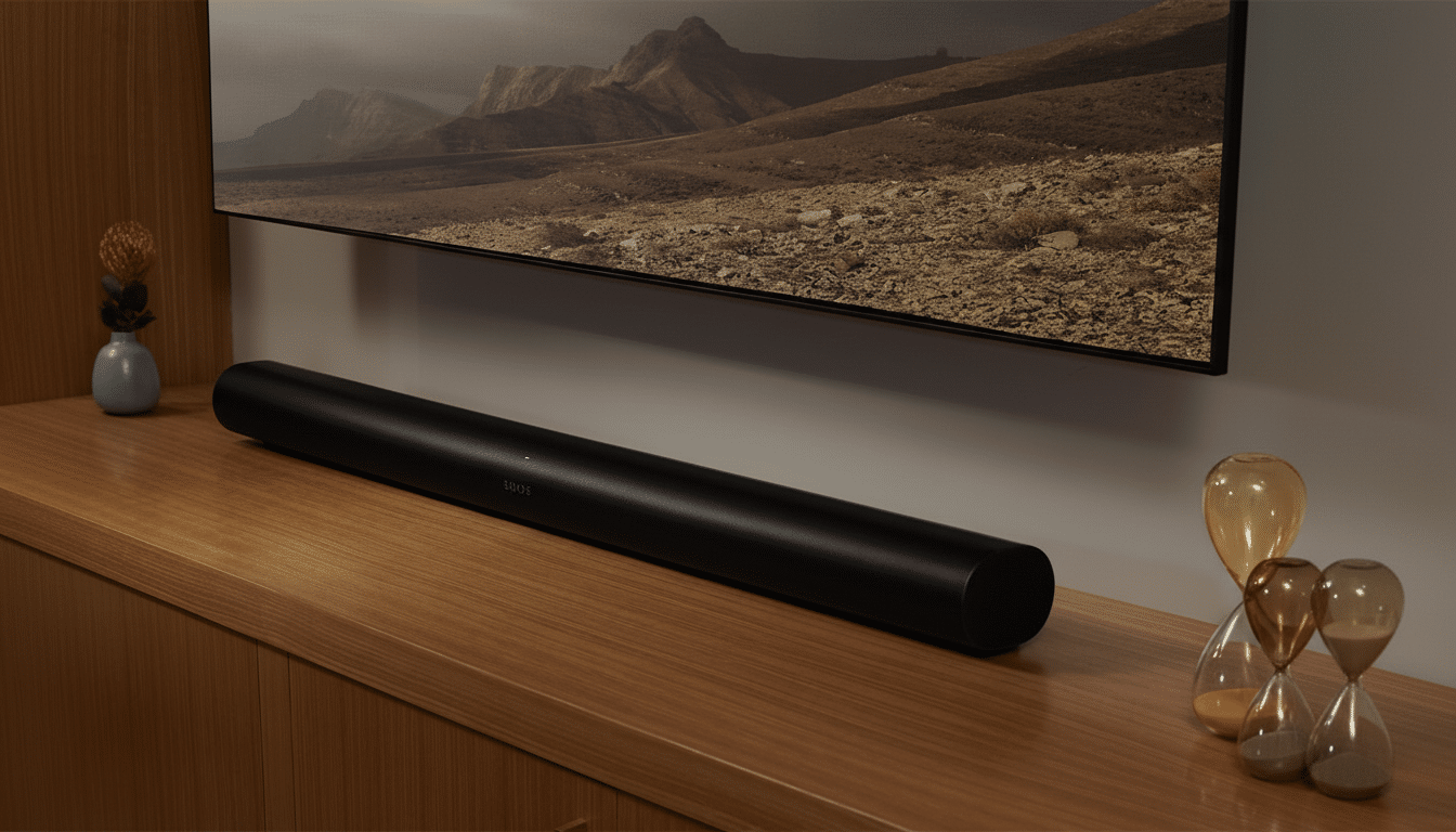 A black Sonos soundbar sits on a wooden cabinet beneath a wall-mounted television displaying a desert landscape.