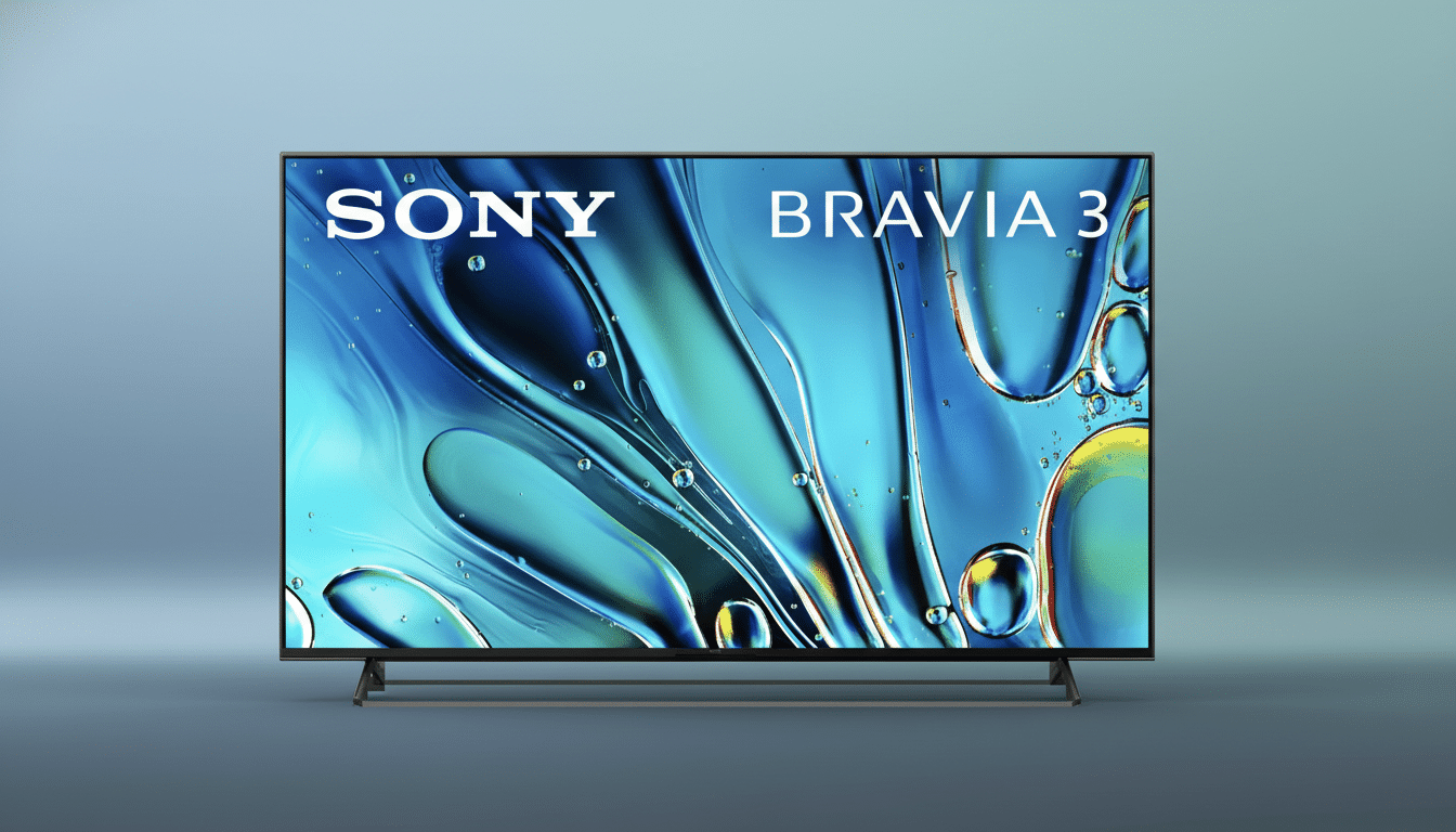 A Sony Bravia 3 television with a blue and green abstract image on the screen, set against a professional flat design background with soft blue and gray gradients.
