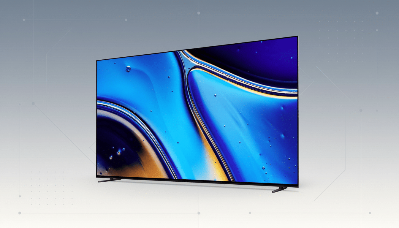 A sleek, modern television displaying a vibrant blue and gold abstract image, set against a professional light gray background with subtle geometric patterns.
