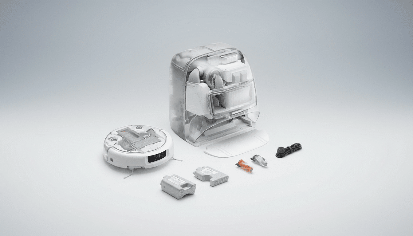 A disassembled robotic vacuum cleaner and its components are neatly arranged on a clean, professional gray background.