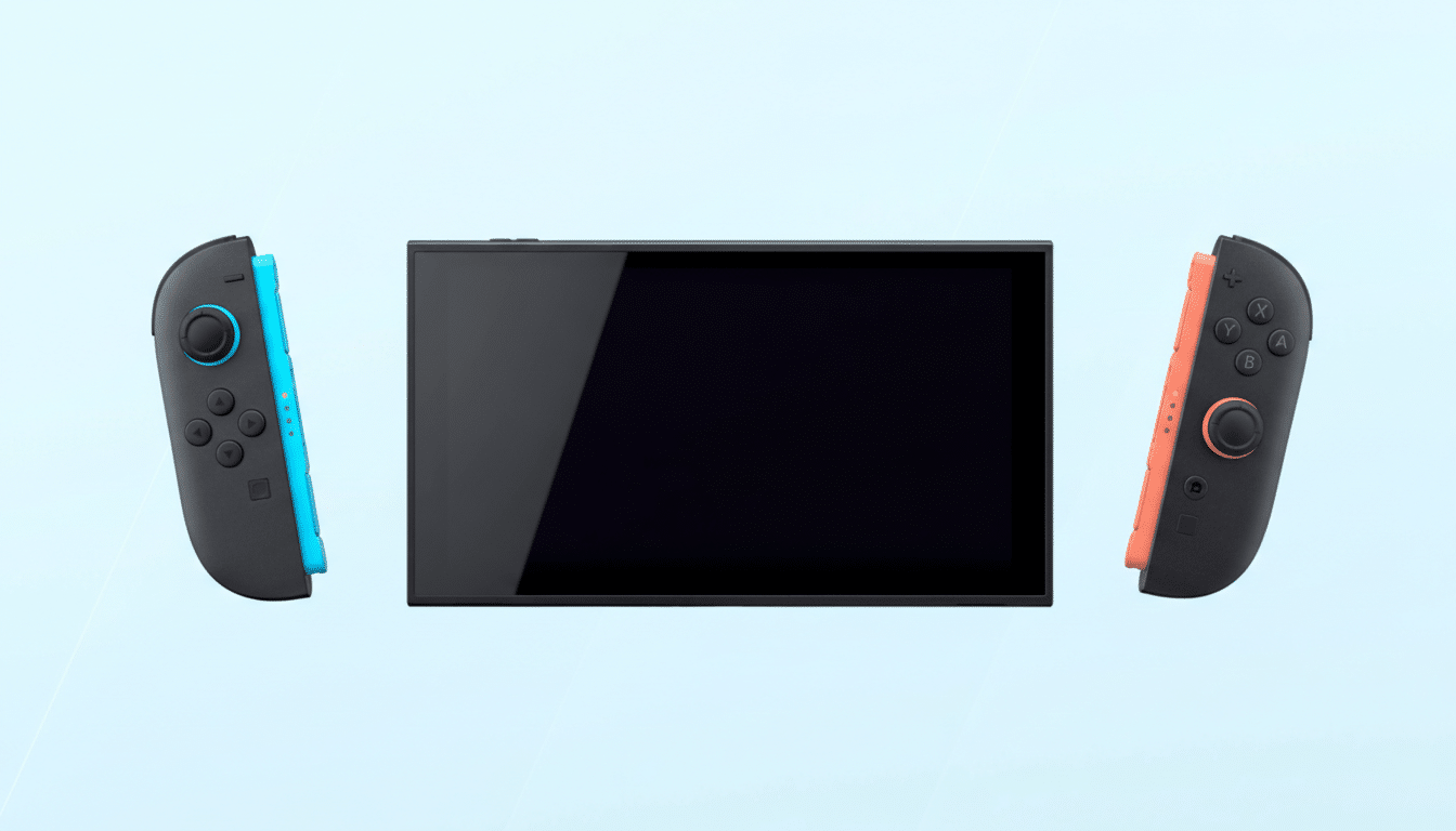 A Nintendo Switch console with its screen in the center and two detached Joy-Con controllers on either side, all set against a light blue background.