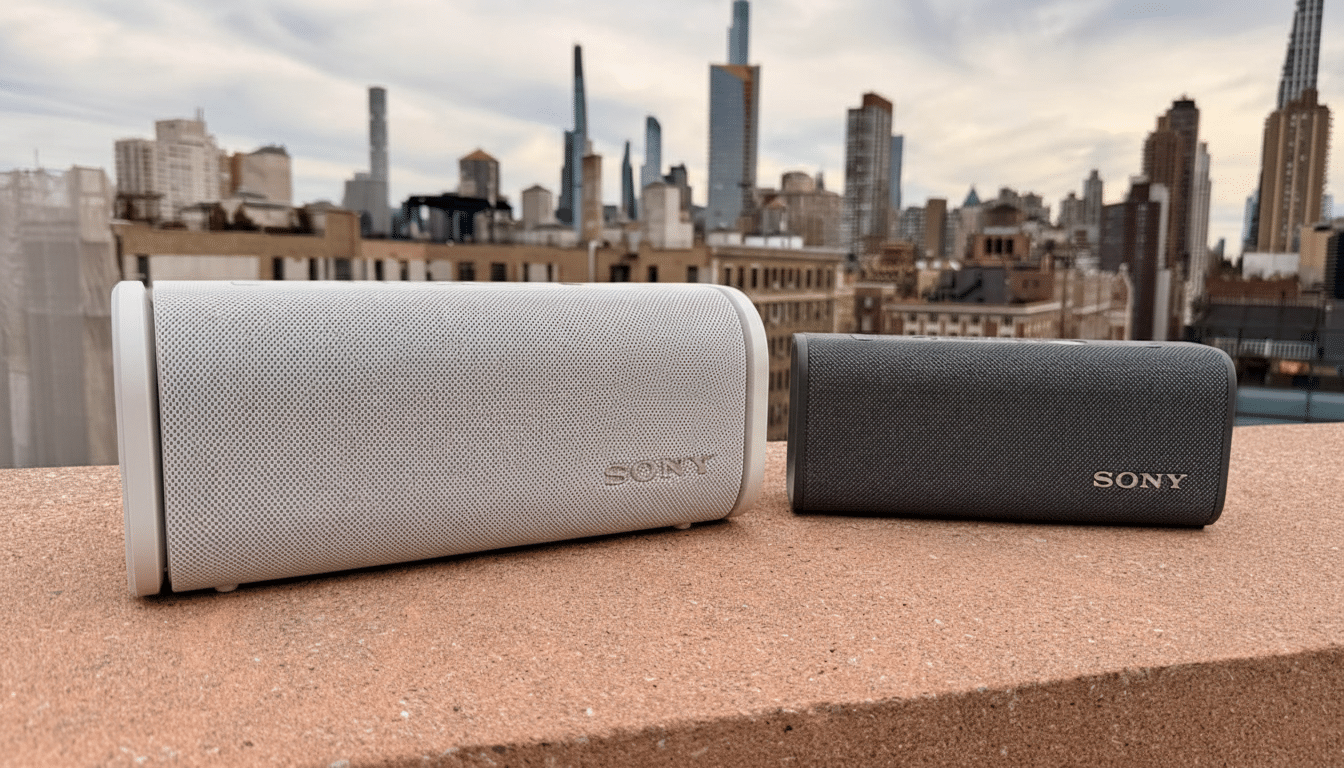 Two Sony speakers, one light gray and one dark gray, are placed on a reddish-brown surface with a city skyline in the background under a cloudy sky.
