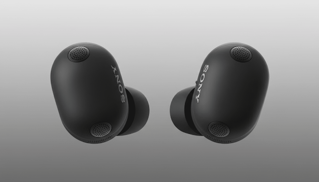 A pair of black Sony wireless earbuds with gold lettering, presented on a professional flat gray background with a subtle gradient, resized to a 16:9 aspect ratio.