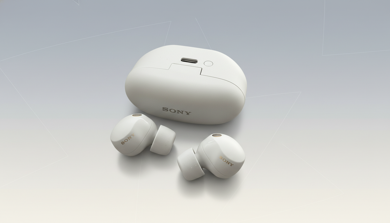 A pair of white Sony earbuds and their charging case are displayed on a professional flat design background with soft patterns and gradients.