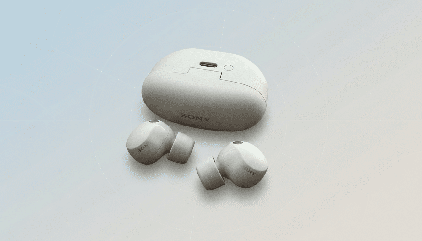 A pair of white Sony earbuds and their charging case are displayed on a professional flat design background with soft blue and white gradients and subtle geometric patterns.