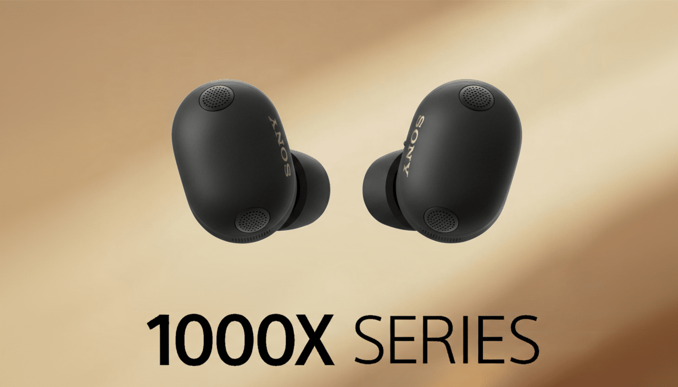 A pair of black Sony 1000X Series wireless earbuds with gold lettering, presented on a warm, gradient background.