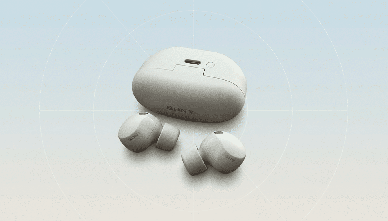 A pair of white Sony earbuds and their charging case are displayed on a professional flat design background with soft patterns and gradients.