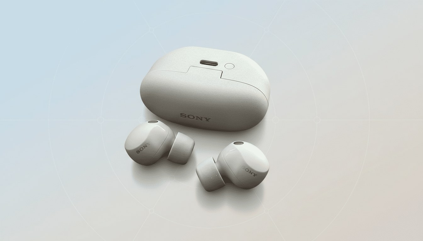A pair of white Sony earbuds and their charging case are displayed on a professional flat design background with soft patterns and gradients.