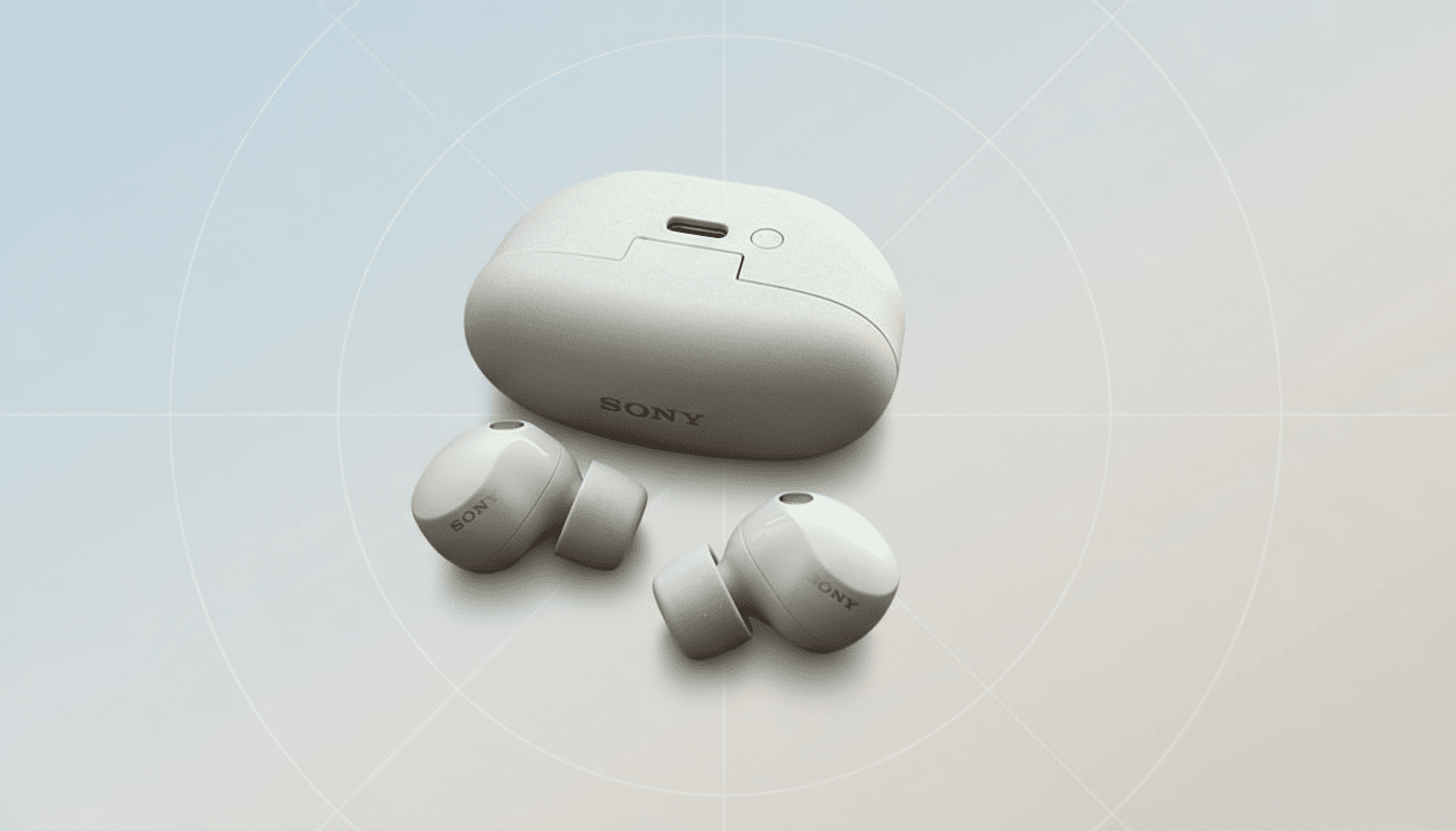 A pair of white Sony earbuds and their charging case are professionally presented on a light blue and white gradient background with subtle circular patterns.