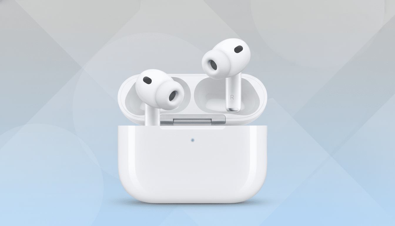 A pair of white wireless earbuds in their open charging case, presented on a professional flat design background with soft blue and grey gradients and subtle geometric patterns.