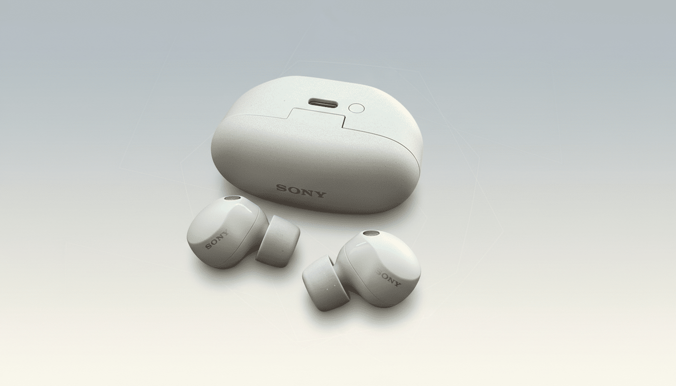 A pair of white Sony earbuds and their charging case are displayed on a professional flat design background with soft gradients.