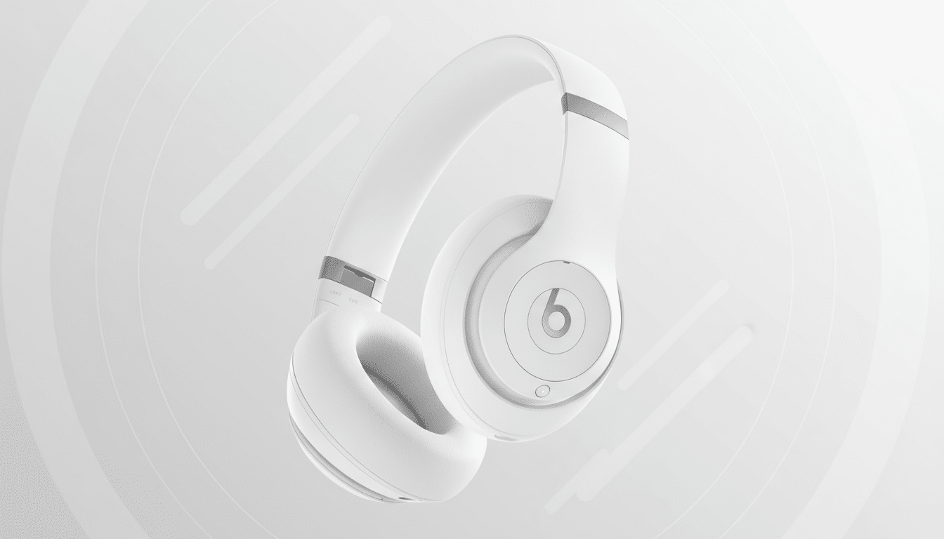 A pair of white Beats Studio3 Wireless headphones presented at a 16:9 aspect ratio with a professional flat design background featuring soft, subtle patterns and gradients.