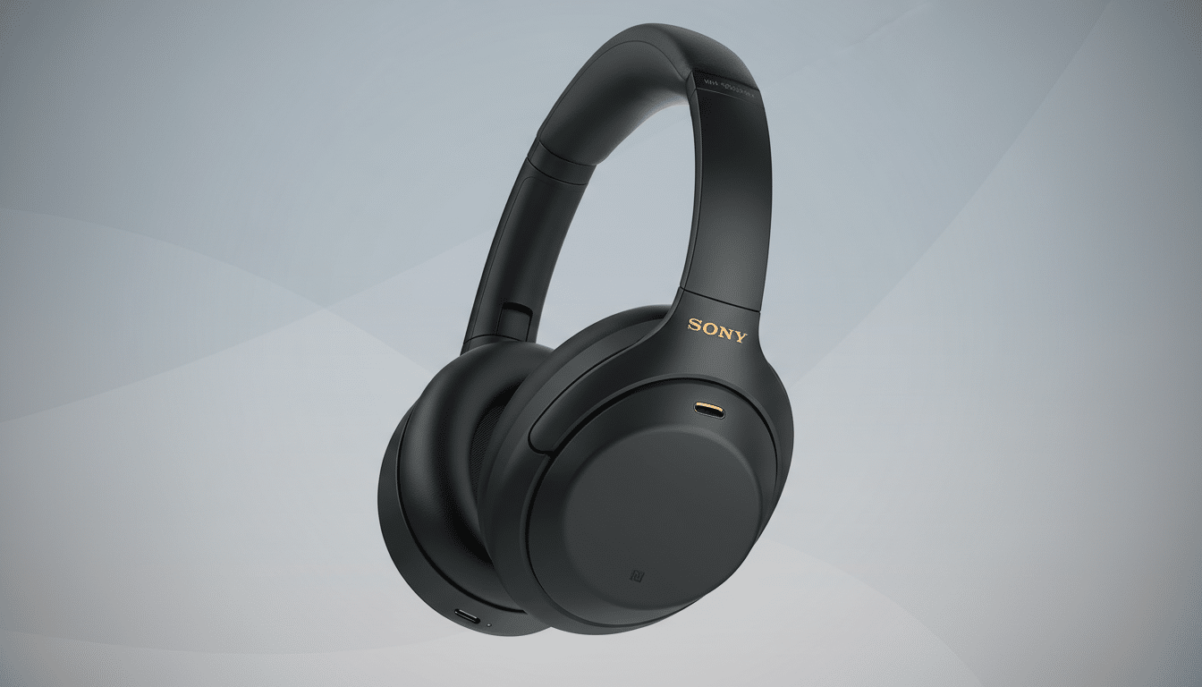 A pair of black Sony WH-1000XM4 headphones with gold accents, presented on a professional flat design background with soft gray gradients and subtle patterns.