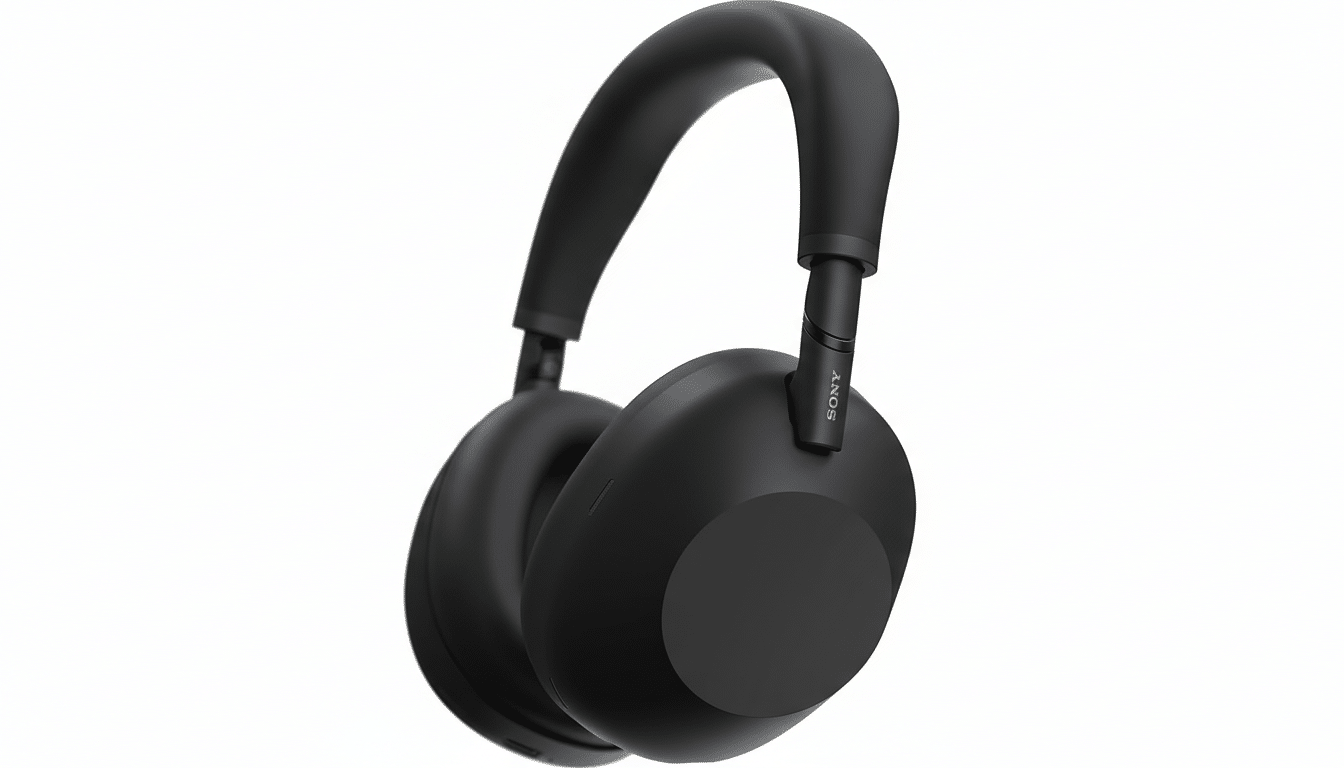 A pair of black Sony WH-1000XM5 headphones on a white background, resized to a 16:9 aspect ratio.