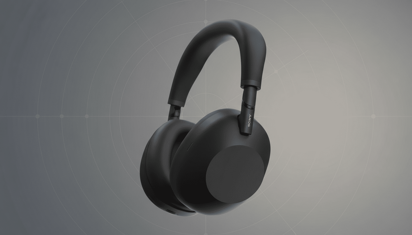 A pair of black Sony WH-1000XM5 headphones on a professional flat design background with soft patterns.