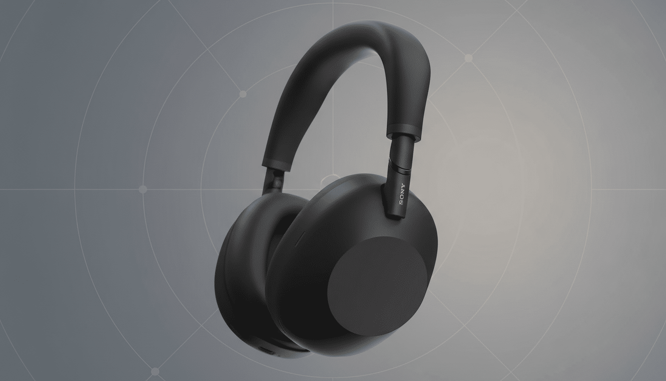 A pair of black Sony WH-1000XM5 headphones on a professional flat design background with soft patterns.