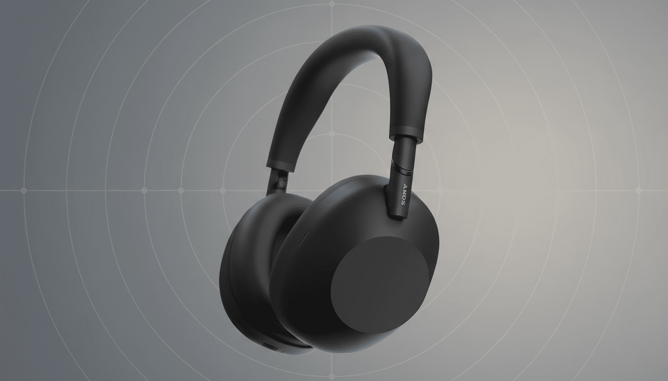 A pair of black Sony over-ear headphones with a subtle, professional gray background featuring a soft circular pattern.