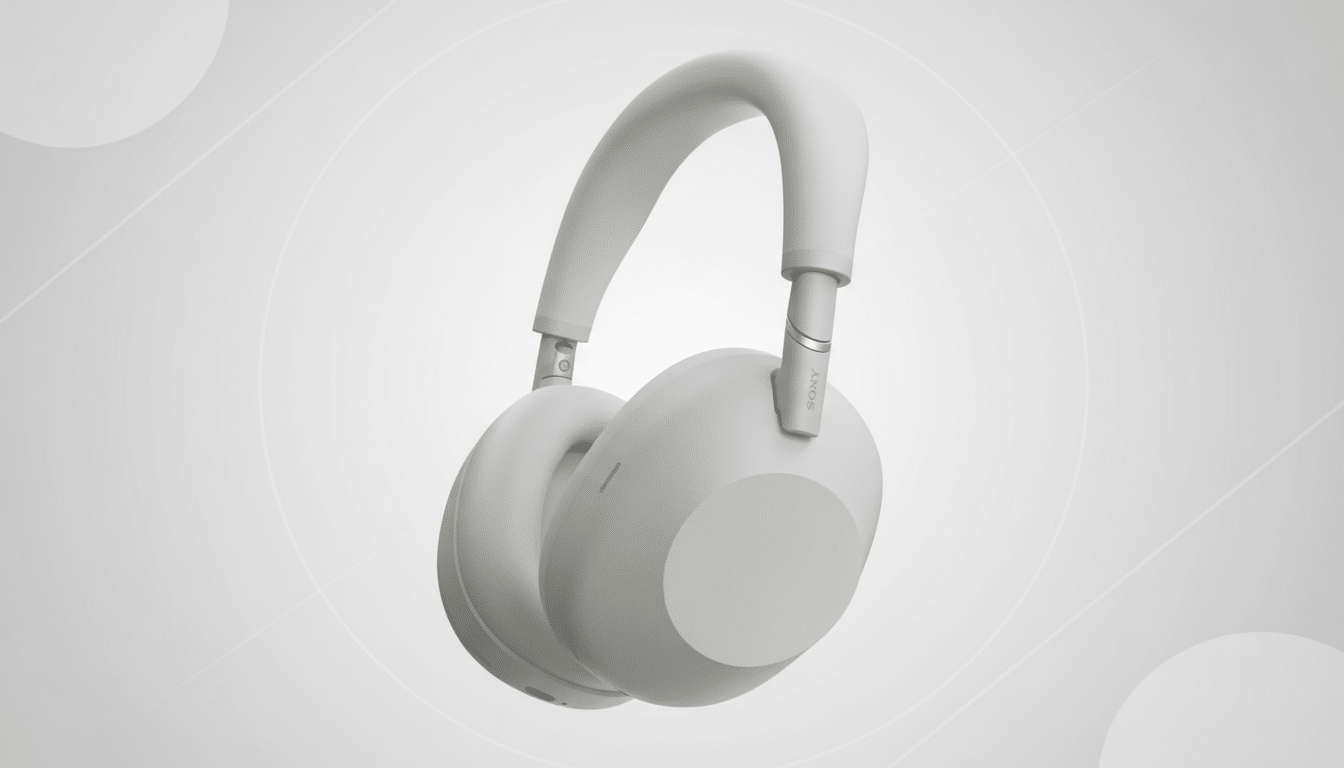 A pair of light gray Sony WH-1000XM5 headphones presented on a professional light gray background with subtle circular patterns.