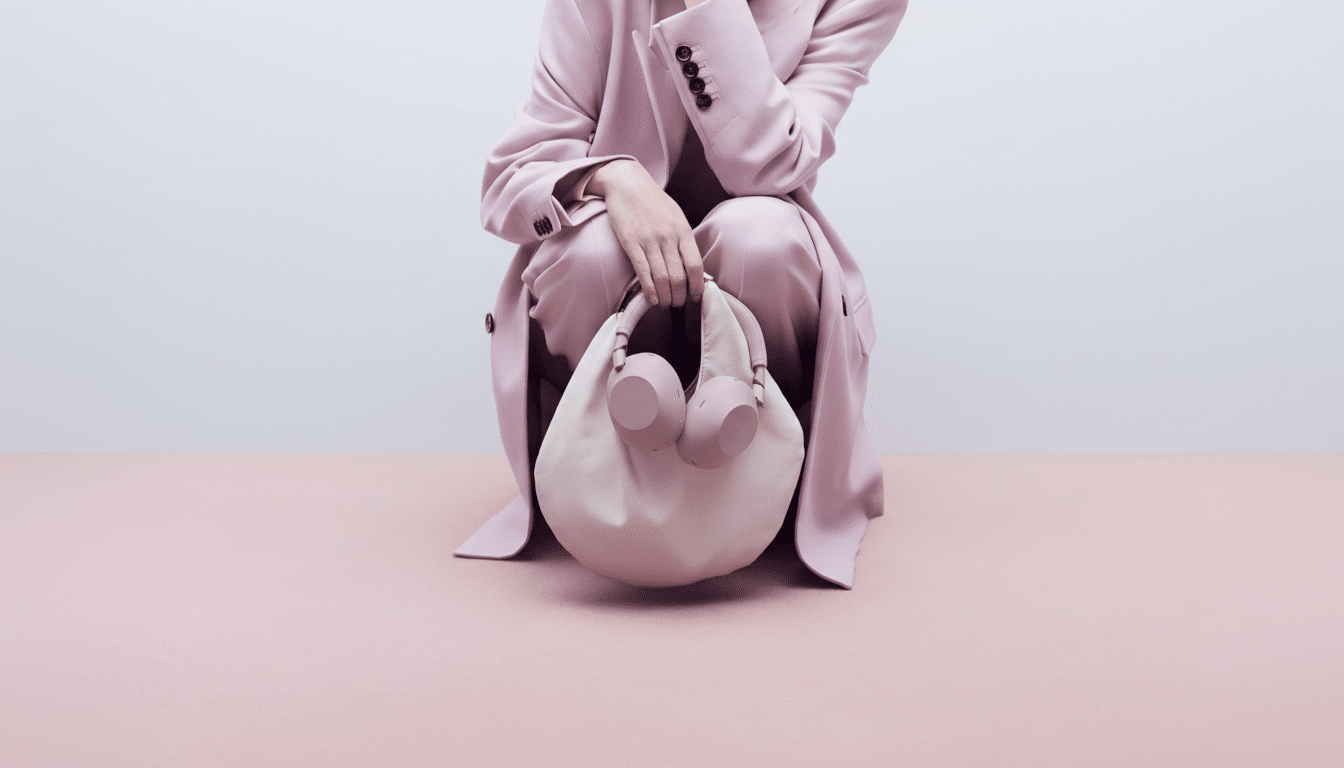 A person in a pink suit holding a light pink handbag with matching headphones, against a two-tone pink and white background.