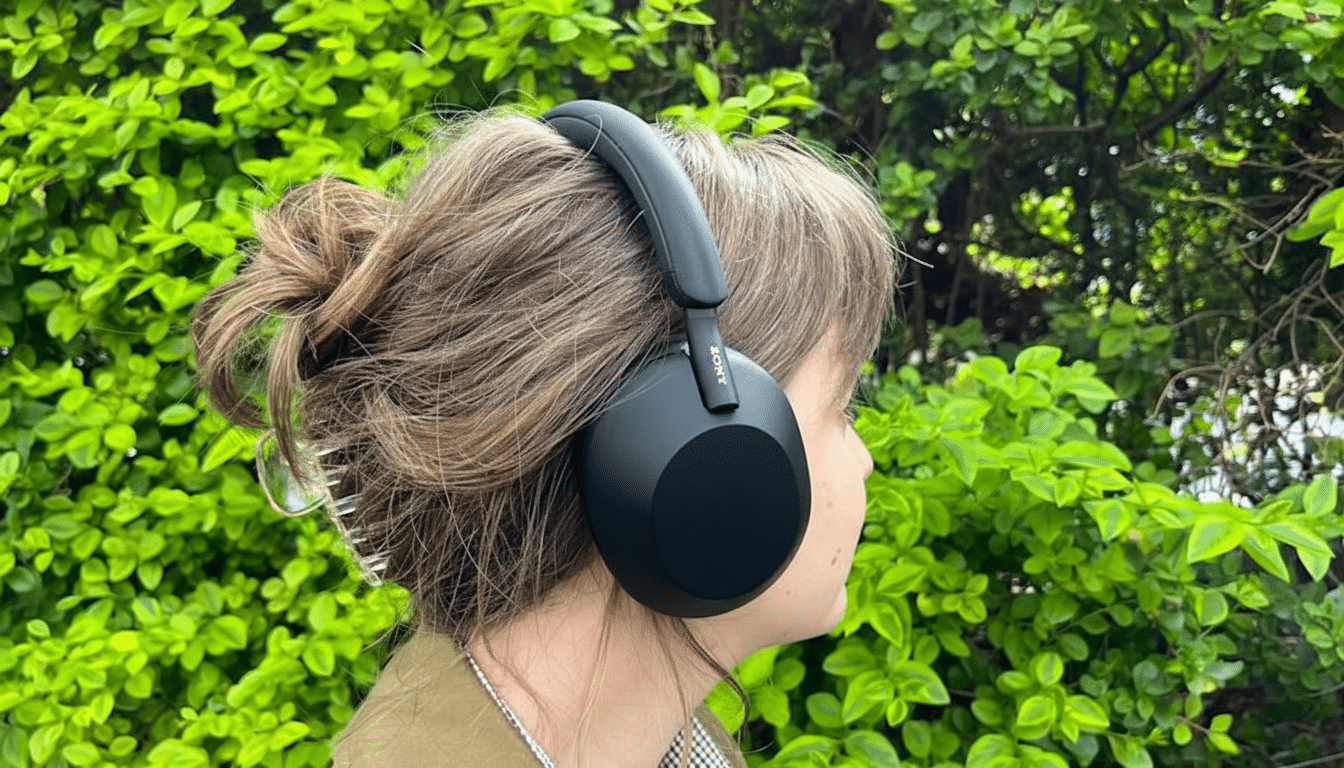 A person wearing black Sony headphones with a green leafy background.