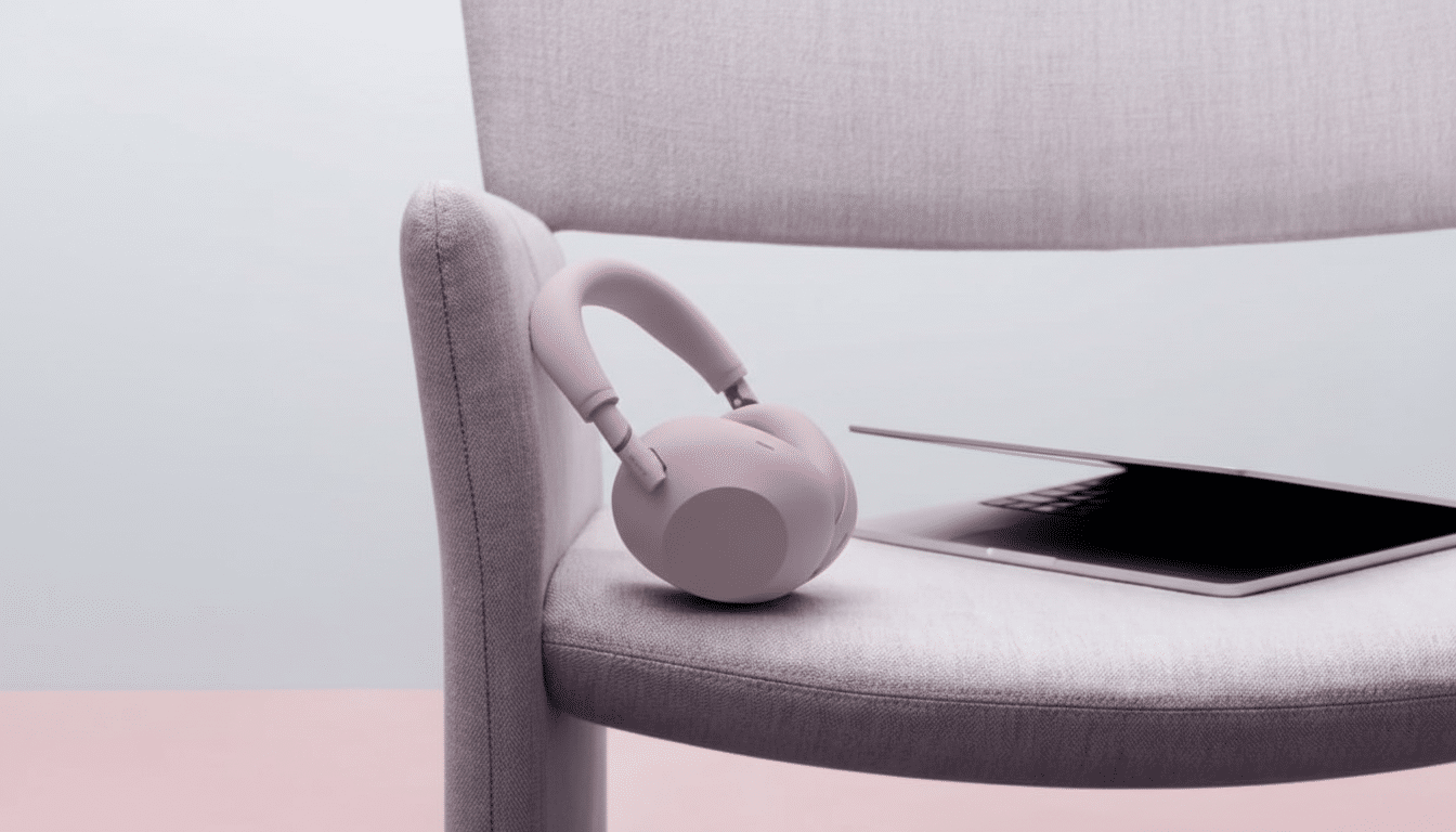 A pair of light pink headphones resting on a light pink upholstered chair next to a partially open laptop.