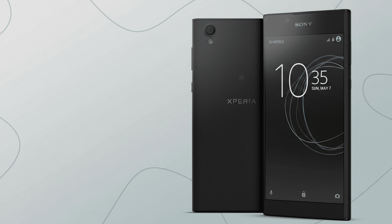 A black Sony Xperia smartphone is displayed at a 16:9 aspect ratio, with its front and back visible against a professional flat design background featuring soft gray patterns.