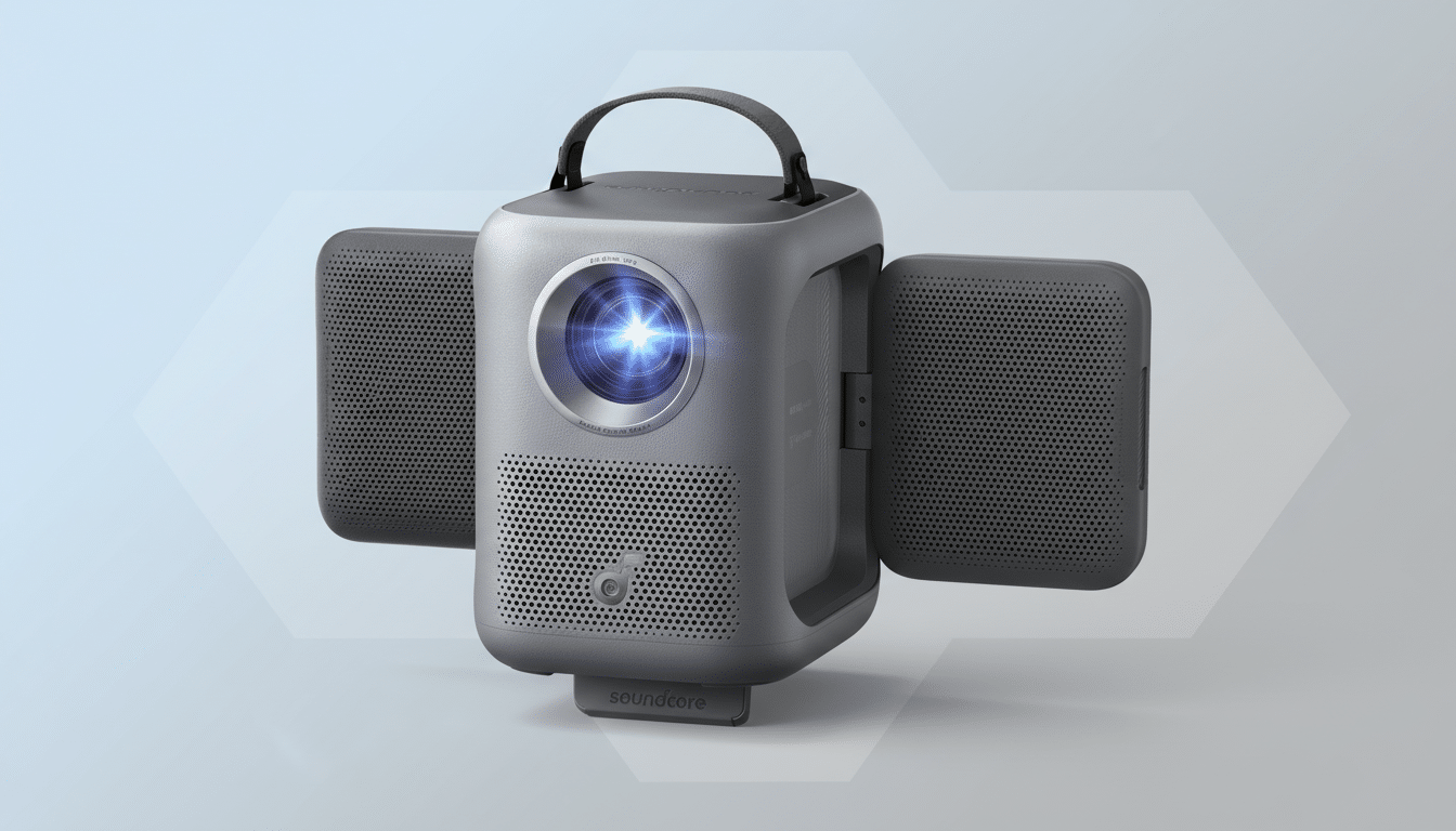 A gray Soundcore projector with two detachable speakers on a professional flat design background with soft patterns.