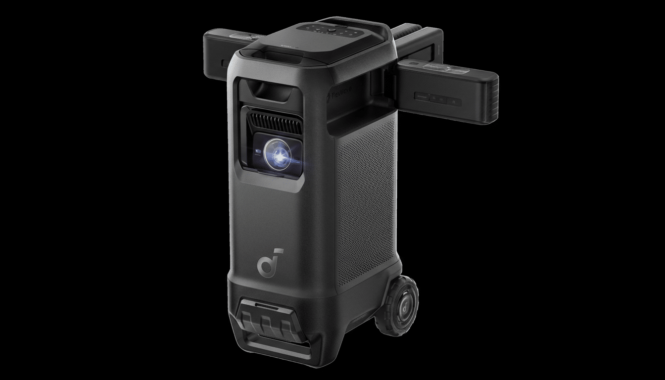 A black portable projector with a glowing lens, featuring a sleek design and wheels, set against a dark background.