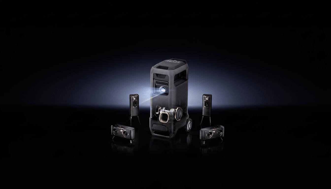 A black portable projector with a blue light emanating from its lens, surrounded by four smaller black speakers, all set against a dark background with a subtle gradient.