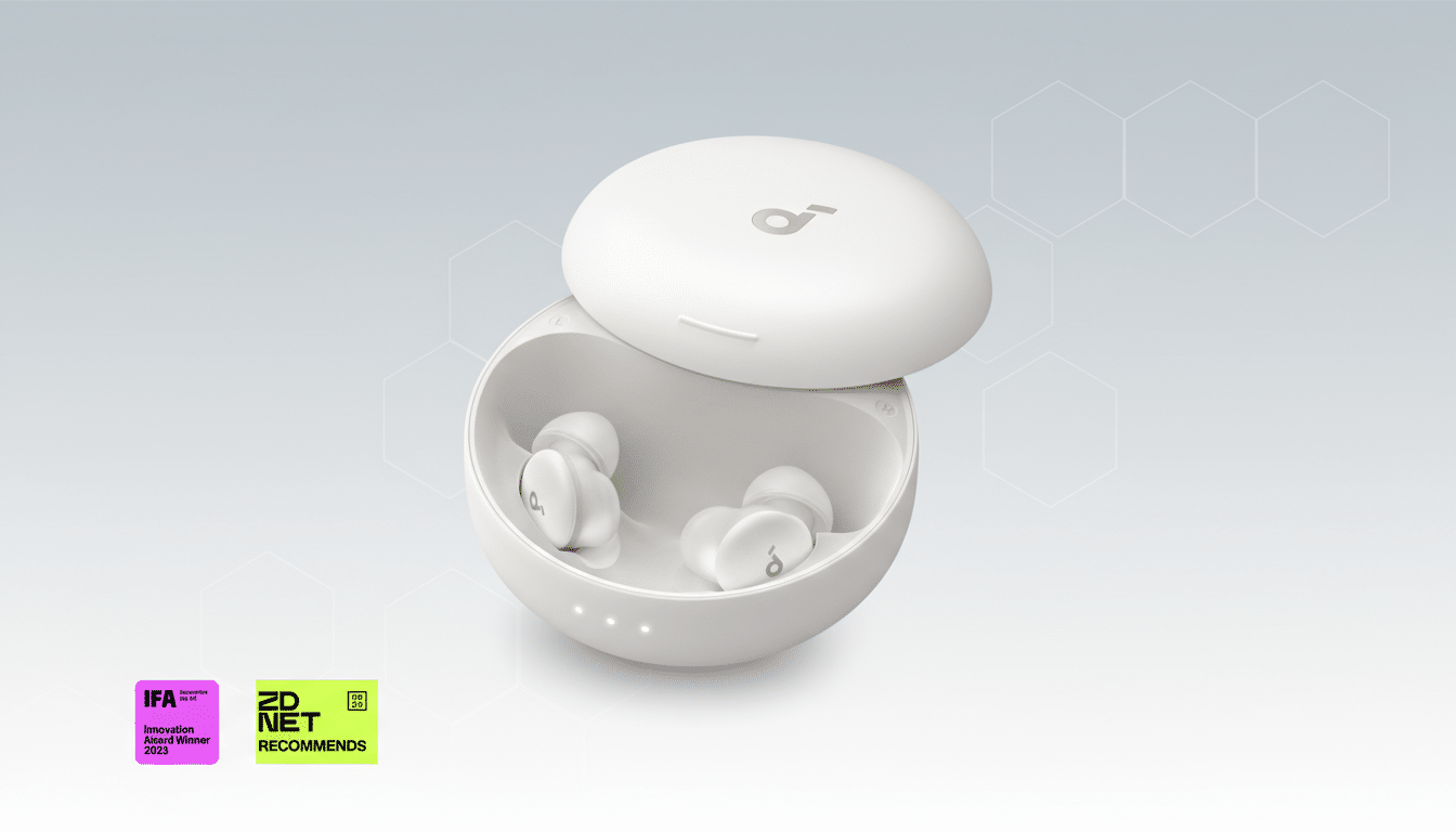 A white Anker Soundcore Liberty 4 NC earbud case, open to reveal two white earbuds inside, is presented on a professional light gray background with subtle hexagonal patterns.