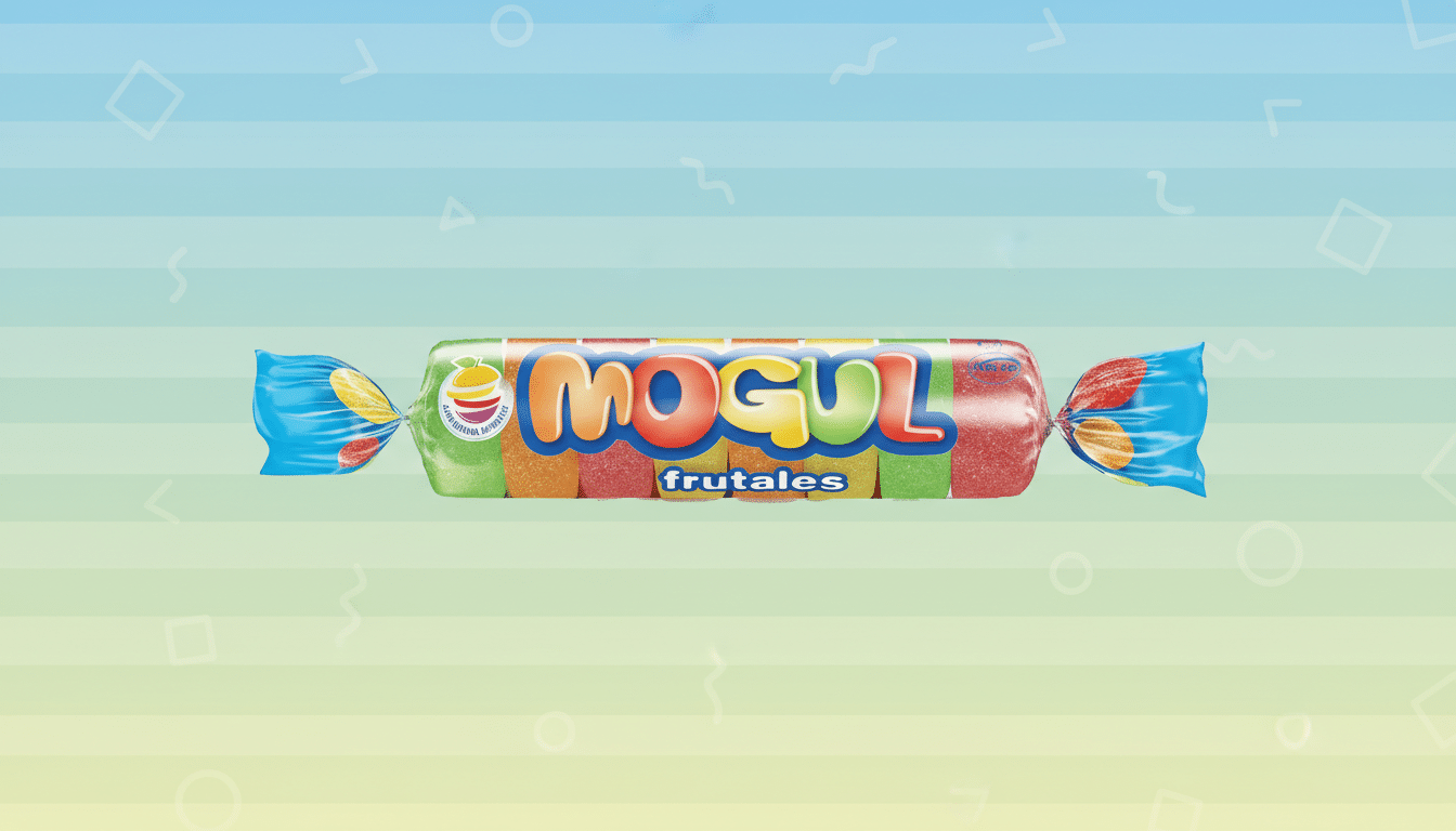 A Mogul Frutales candy roll, featuring colorful fruit-flavored candies, is presented on a professional flat design background with soft blue and yellow gradients and subtle geometric patterns.