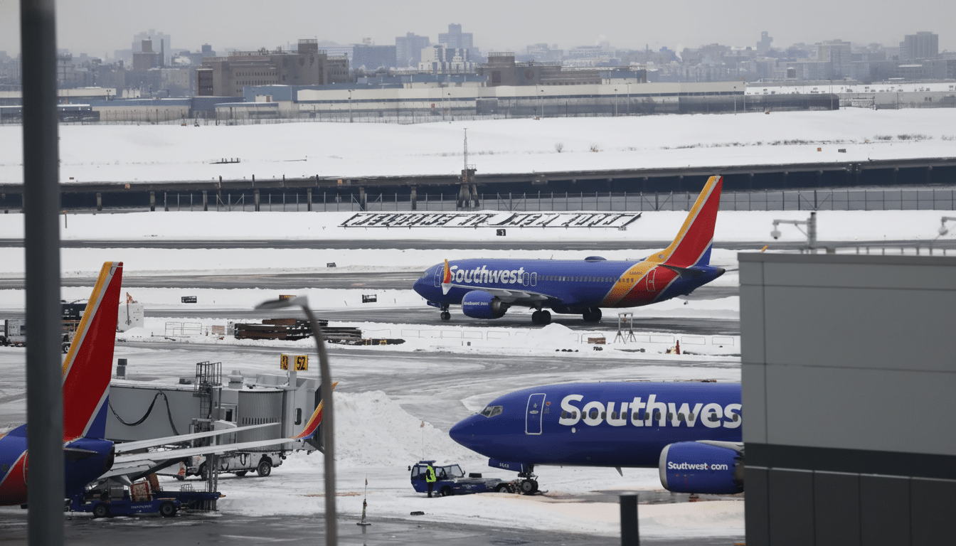 A Southwest Airlines plane on a snowy tarmac with other planes and airport buildings in the background.