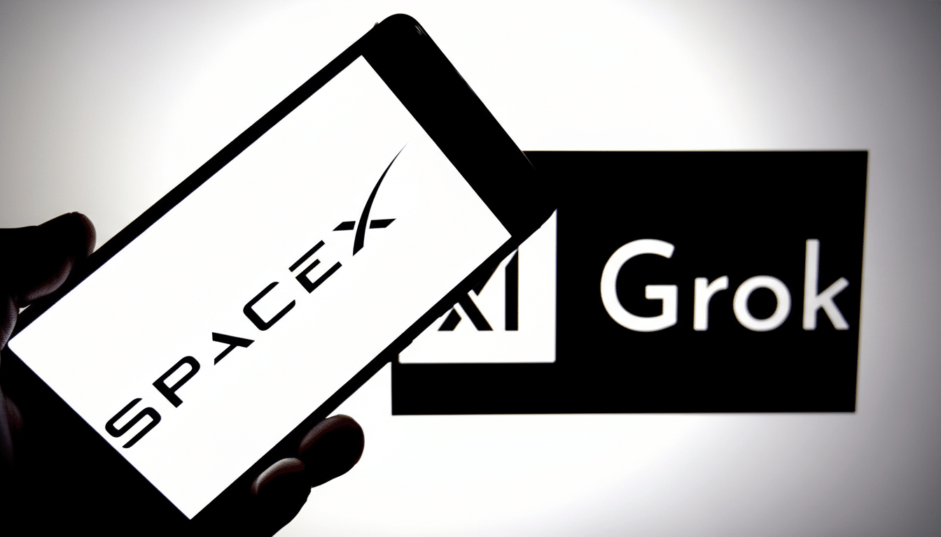 A hand holding a smartphone displaying the SpaceX logo, with the Grok logo visible in the background.