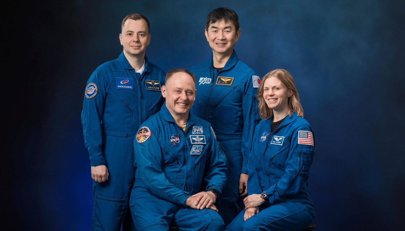 Four astronauts in blue flight suits, two standing and two seated, smiling against a dark blue background.