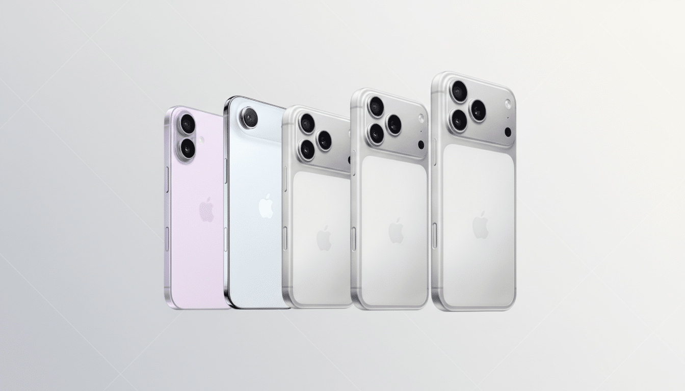 Four iPhones in different shades of white and purple, arranged in a row on a professional flat design background with soft patterns and gradients.