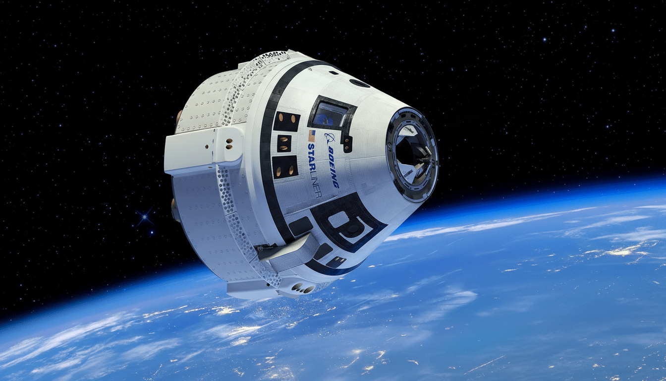 A Boeing Starliner spacecraft orbiting above Earth, with the blackness of space and stars visible above the blue and white planet.