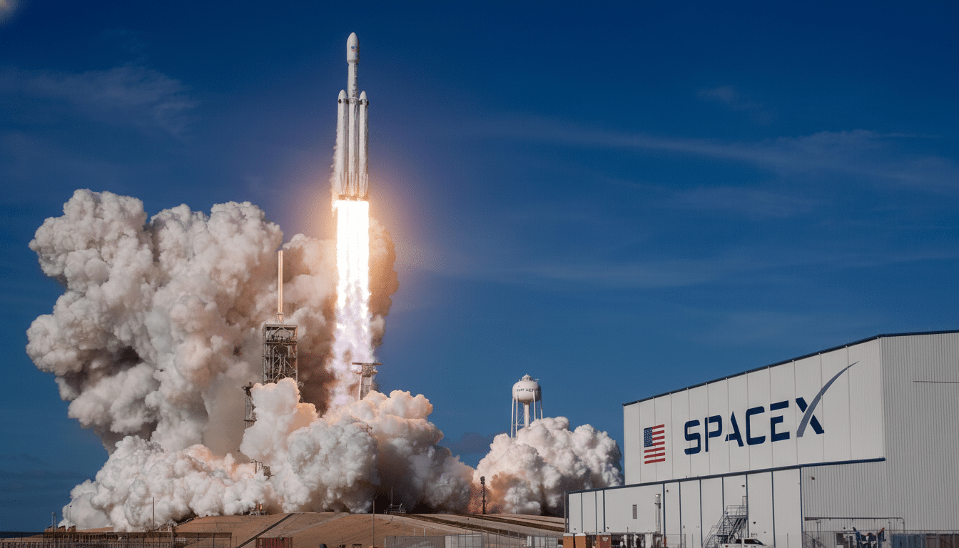 A SpaceX Falcon Heavy rocket launching from a launchpad, with a large plume of smoke and fire, next to a building with the SpaceX logo.