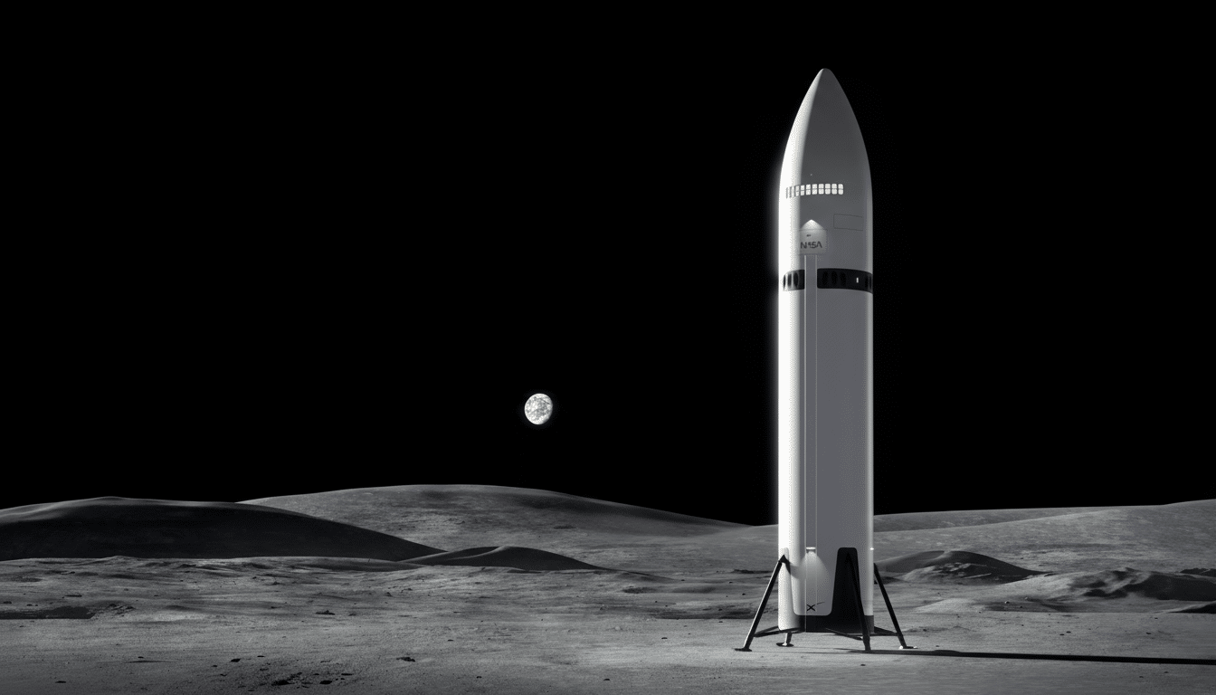 A sleek, white rocket with NASA written on its side stands upright on the dark, cratered surface of the moon. In the distance, a small, blue Earth is visible against the blackness of space.