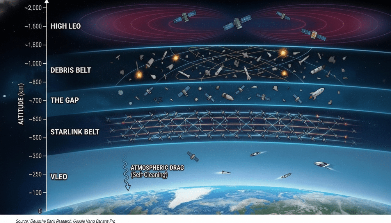 A diagram illustrating different altitude belts around Earth, showing satellites in High LEO, a Debris Belt, The Gap, a Starlink Belt, and VLEO with atmospheric drag.