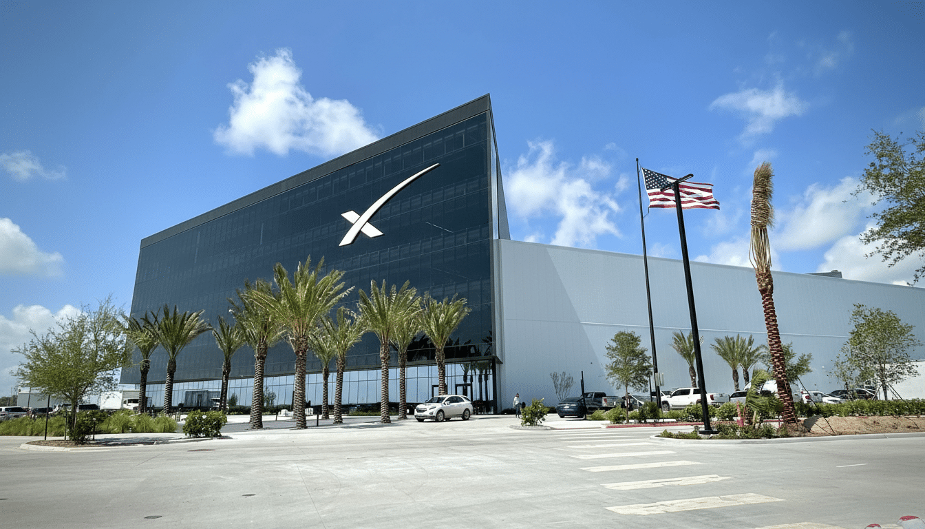 The SpaceX headquarters building with its distinctive logo on the glass facade, an American flag flying nearby, and palm trees lining the entrance under a blue sky with white clouds.