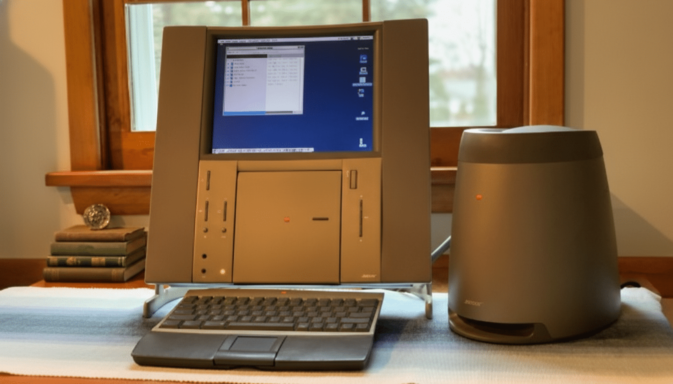 A vintage Macintosh computer setup with a monitor, keyboard, and a Bose speaker, all placed on a table near a window.