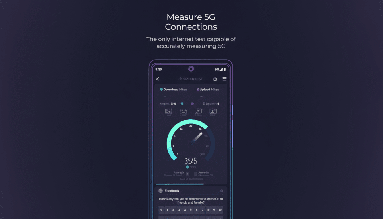 A smartphone displaying a 5G speed test app with a download speed of 36.45 Mbps, set against a dark purple background with the text Measure 5G Connections and The only internet test capable of accurately measuring 5G.