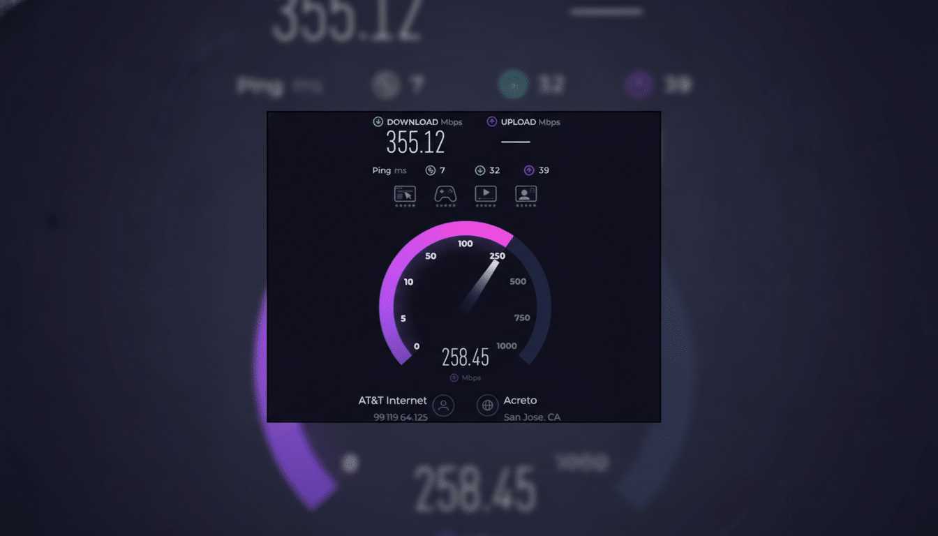 A screenshot of an internet speed test showing download speeds of 355.12 Mbps and upload speeds of 258.45 Mbps, with a ping of 7 ms. The test is for AT&T Internet in San Jose, CA.